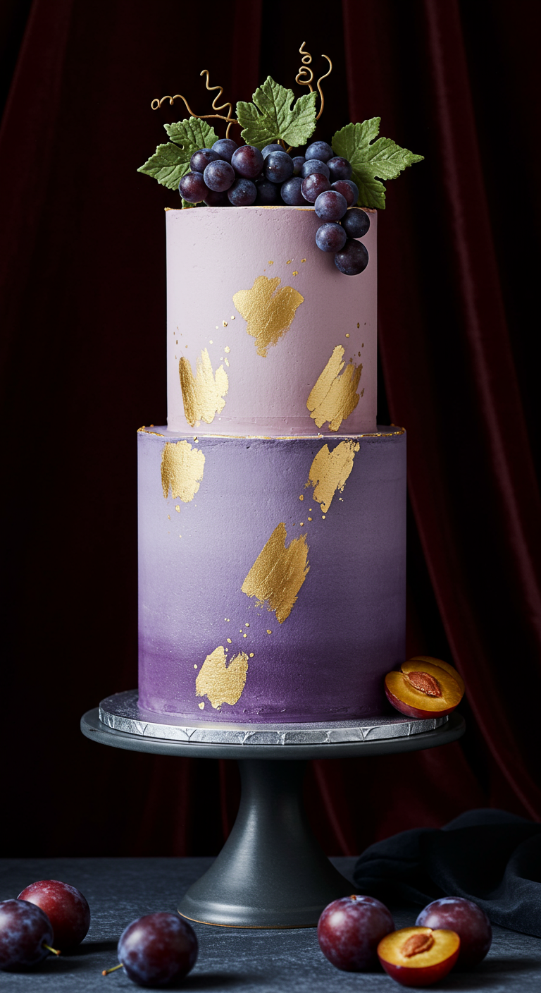 Zweistöckige Torte in Lila-Ombré mit Goldblatt-Herzen und Trauben.