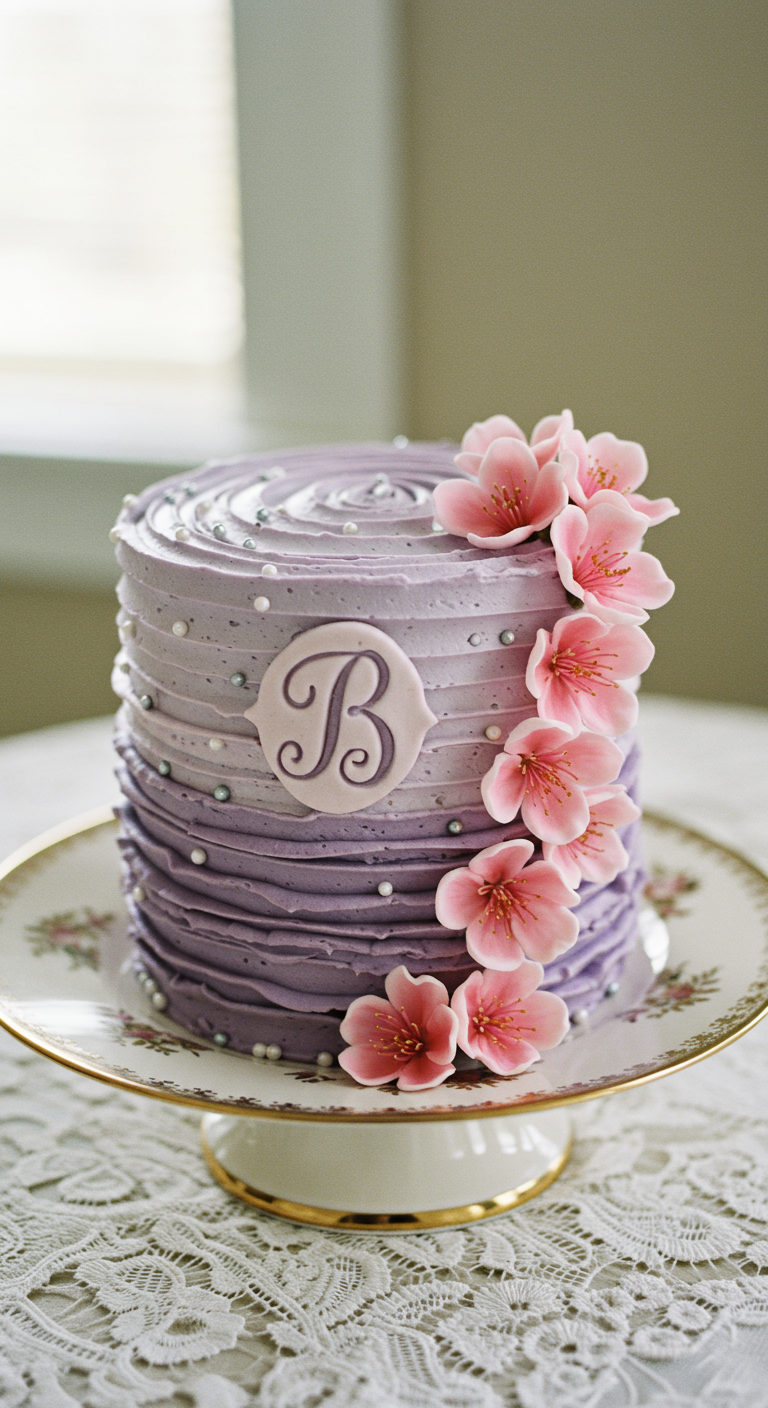 Lila Torte mit horizontalen Wellen, rosa Blüten und Monogramm.