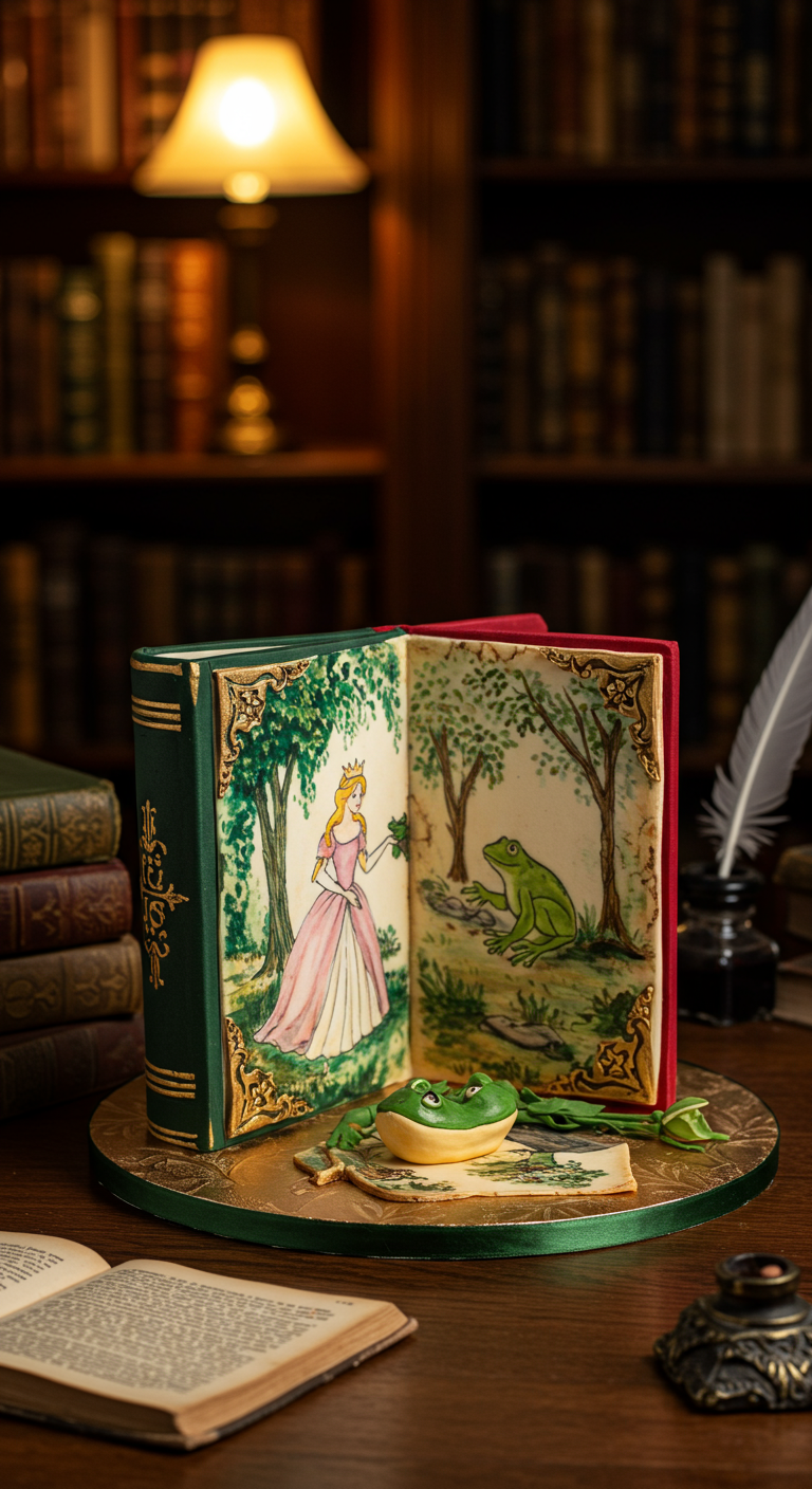 Aufgeschlagene Märchenbuch-Torte mit Froschkönig-Illustration