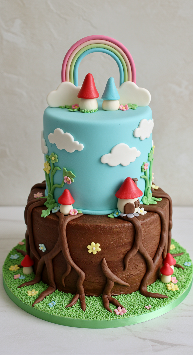 Zweistöckige Torte, untere Etage als Baumstumpf mit Wurzeln, obere mit Regenbogen.