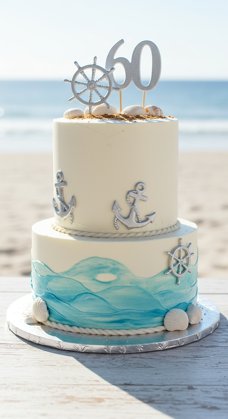 Zweistöckige Torte mit maritimem Thema, Wellen, Ankern und Muscheln.