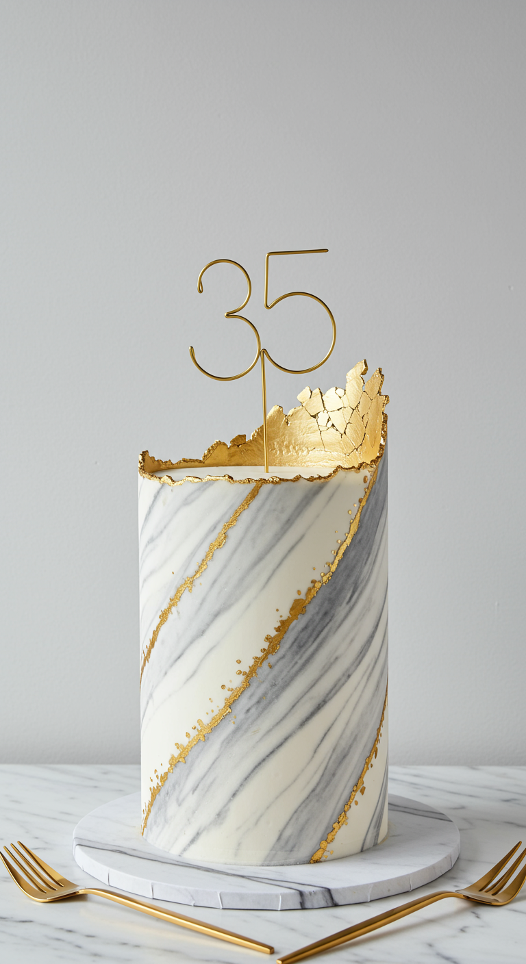 Hohe Torte mit weiß-grauem Marmor-Effekt, goldenen Akzenten und „35“ Draht-Topper.