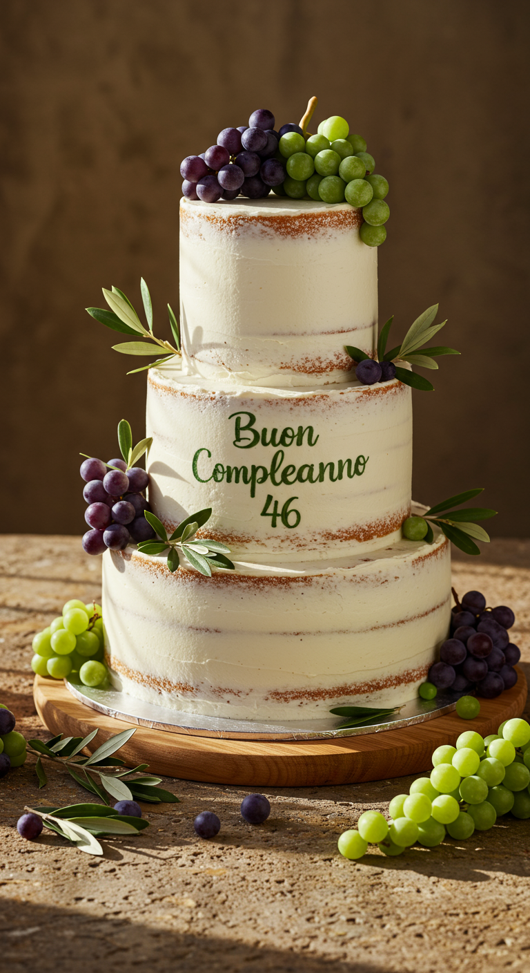 Dreistöckige Semi-Naked Cake mit Weintrauben, Olivenzweigen und italienischem Geburtstagsgruß.