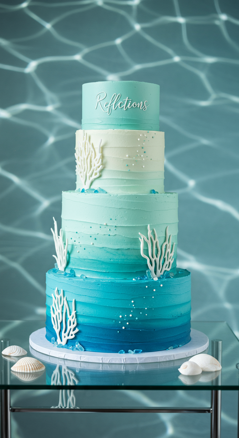 Mehrstöckige Torte mit blauem Ombré-Farbverlauf und weißen Zucker-Korallen.