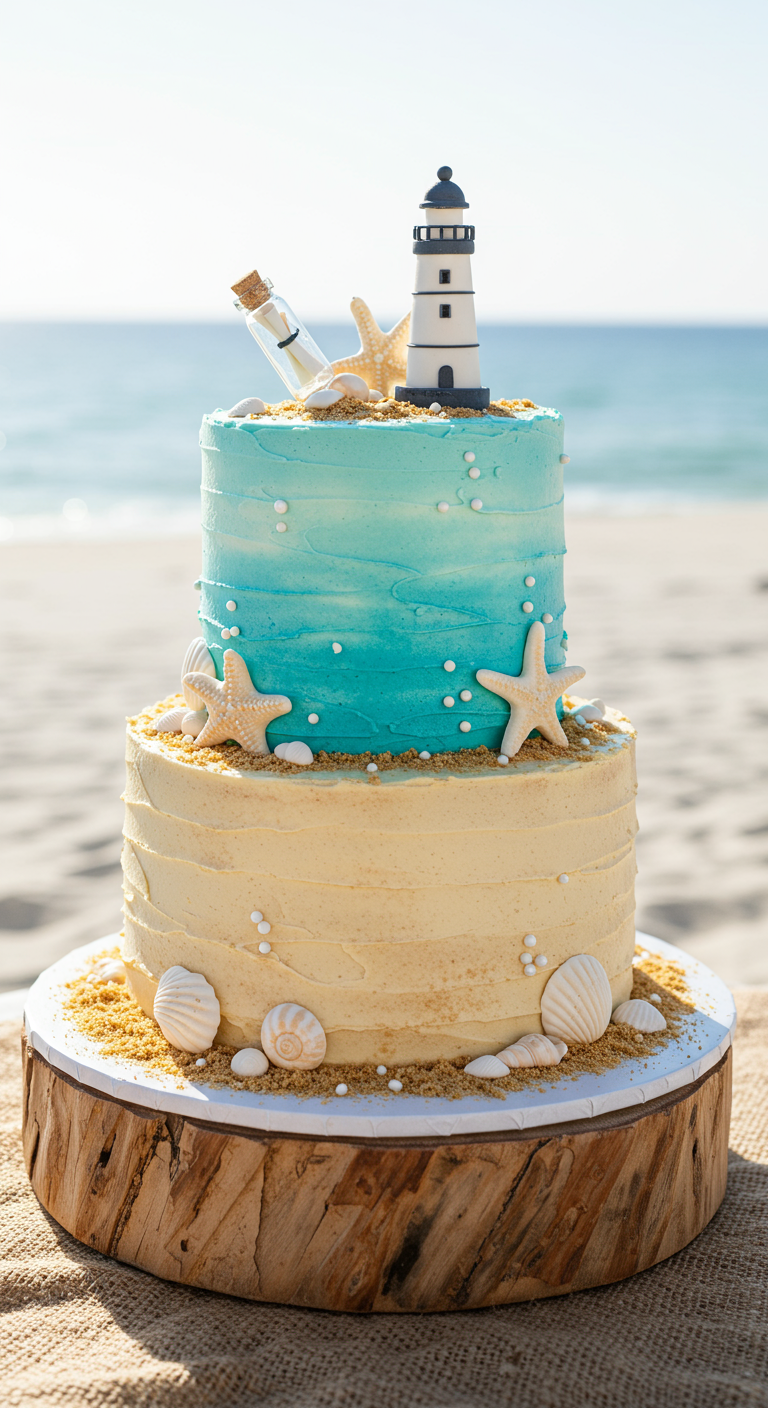 Zweistöckige Strandtorte mit Leuchtturm, Muscheln und blauem Farbverlauf.