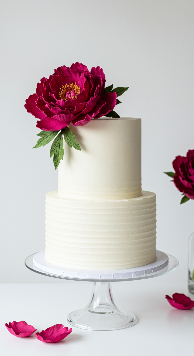 Schlichte weiße zweistöckige Torte mit einer großen pinken Pfingstrose als Topper.