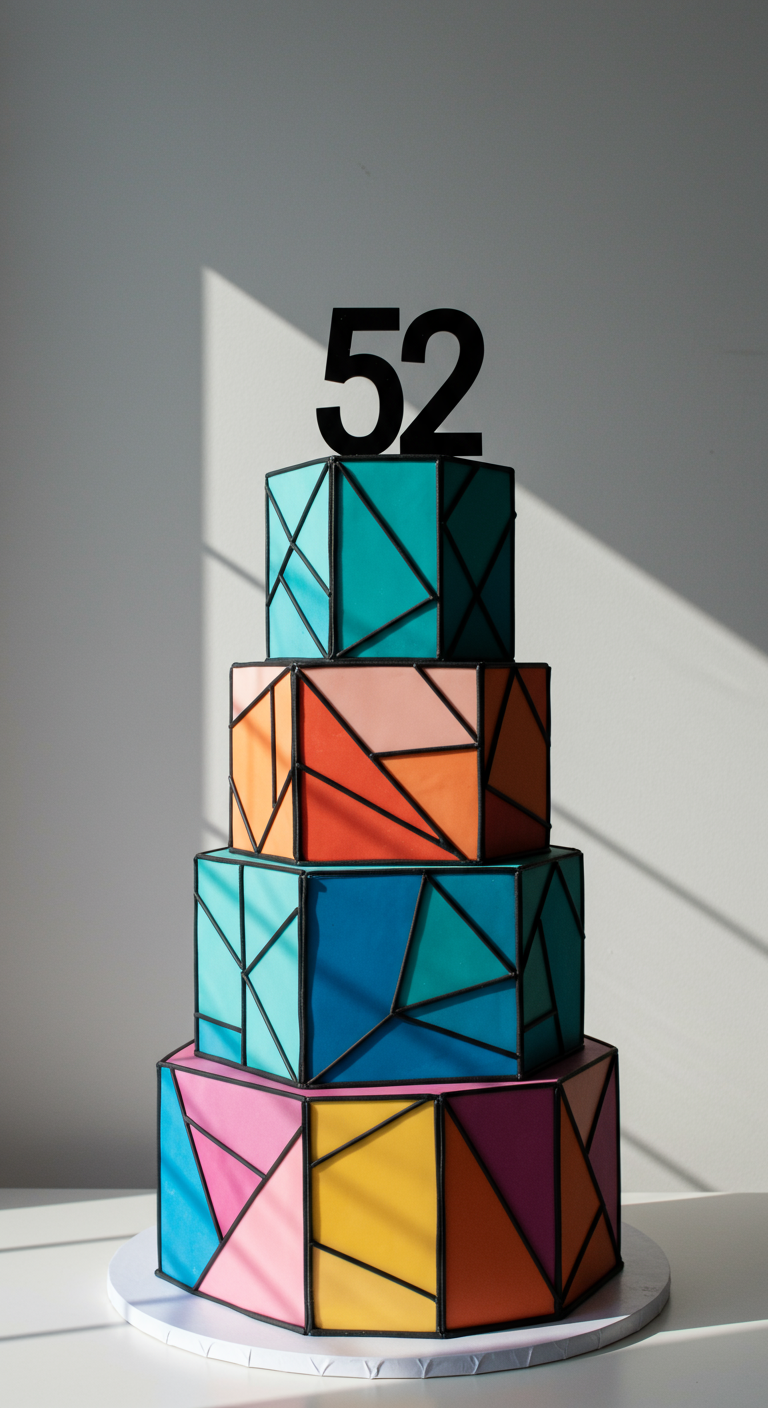 Vierstöckige Torte mit buntem, geometrischem Mosaikmuster und schwarzem 52-Topper.