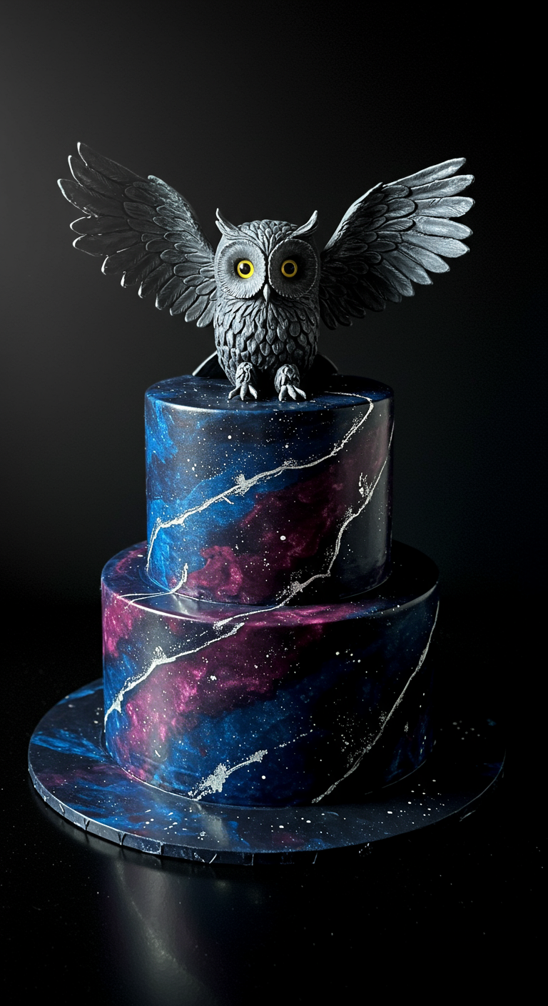 Zweistöckige Galaxie-Torte mit einer detailreichen Eulenfigur obenauf.
