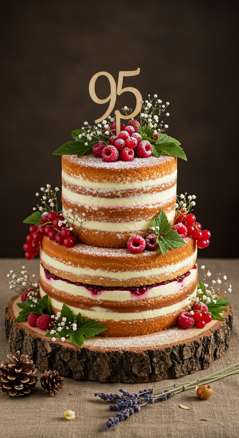 Zweistöckiger Naked Cake mit Beeren, Puderzucker und Schleierkraut auf Holzscheibe.