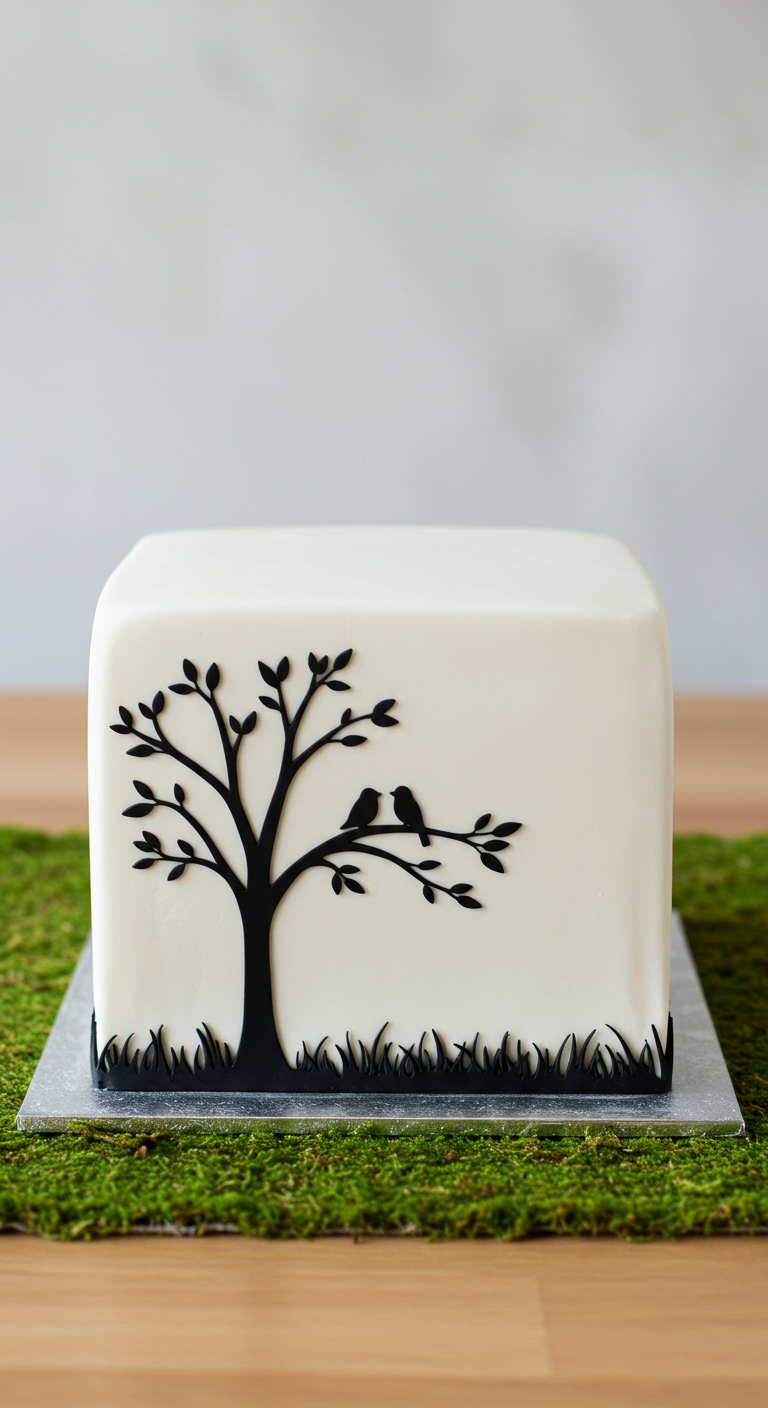 Quadratische weiße Torte mit schwarzer Scherenschnitt-Silhouette eines Baumes mit Vögeln.
