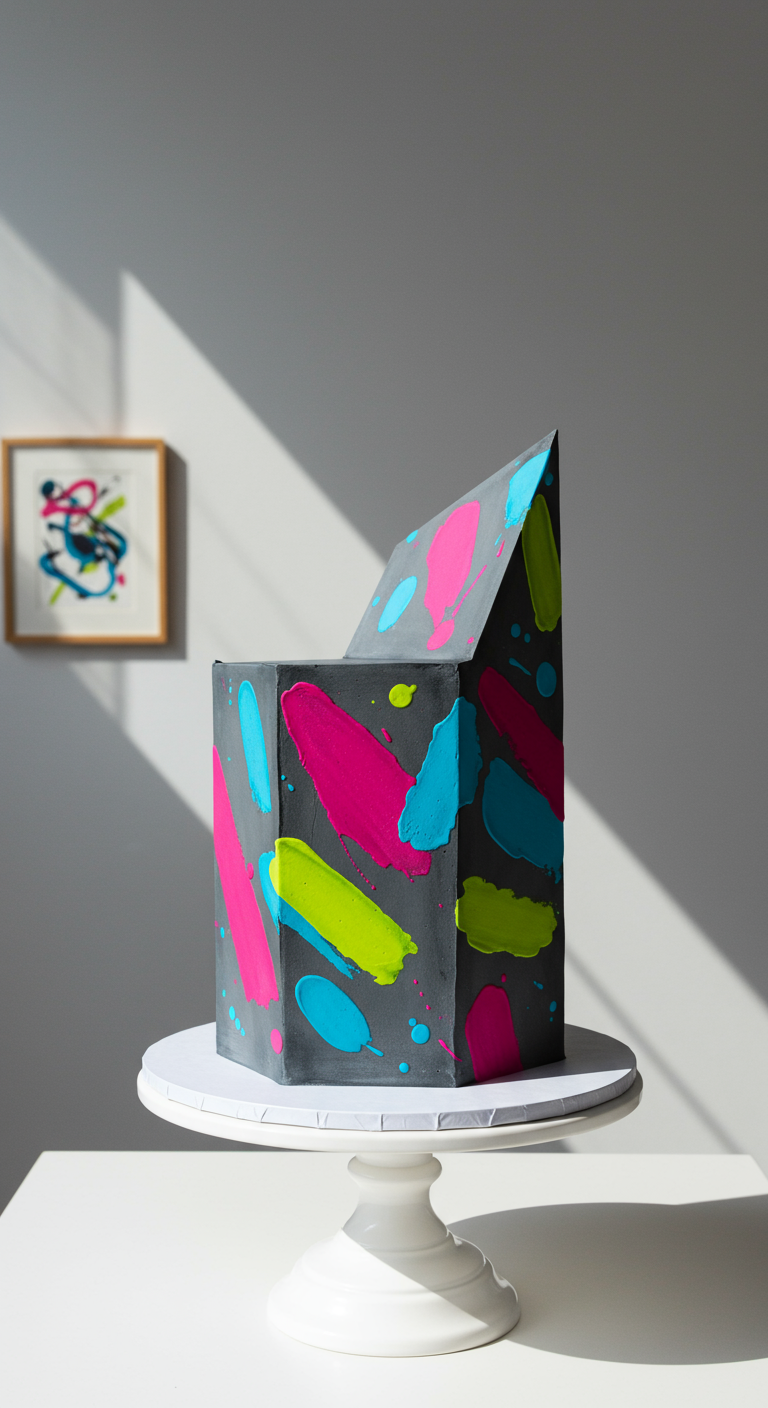 Graue, asymmetrische Torte mit Neon-Farbspritzern.