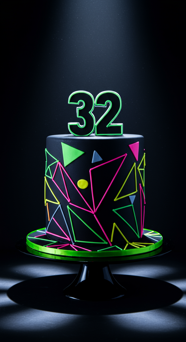 Schwarze Torte mit neonfarbenen geometrischen Linien und Formen, Zahl 32.