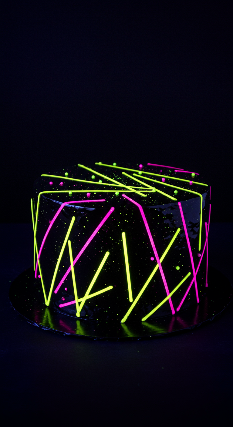 Schwarze Torte mit leuchtenden neongrünen und pinken Laserlinien.