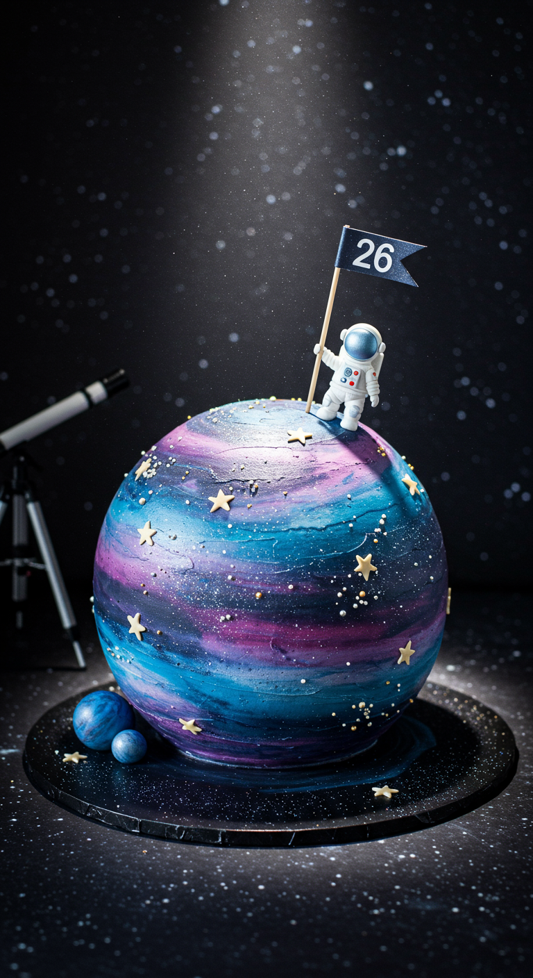 Kugelförmige Galaxie-Torte mit Astronautenfigur und Flagge