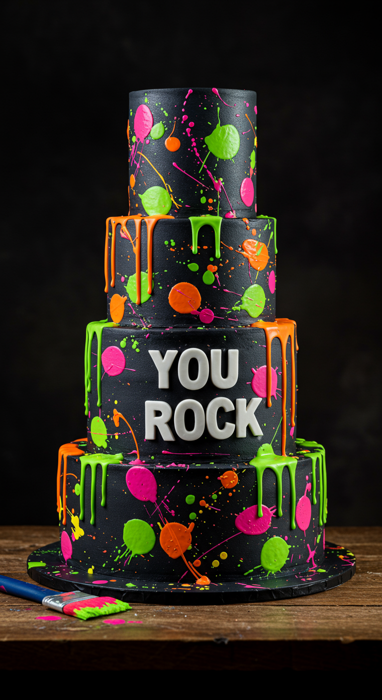 Vierstöckige schwarze Torte mit bunten Neon-Farbspritzern und 'YOU ROCK' Schriftzug.