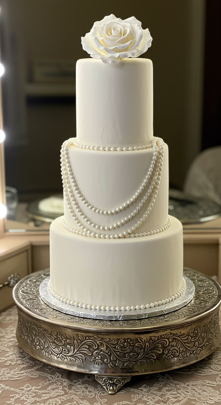 Hohe, dreistöckige weiße Torte mit Perlenketten und weißer Rose.