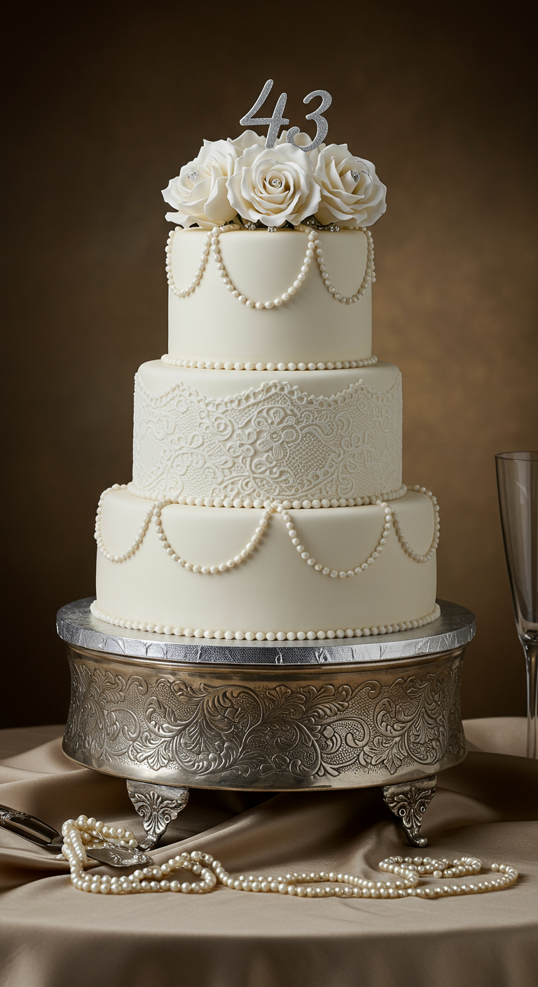 Dreistöckige weiße Torte mit Spitze, Perlen und weißen Rosen.