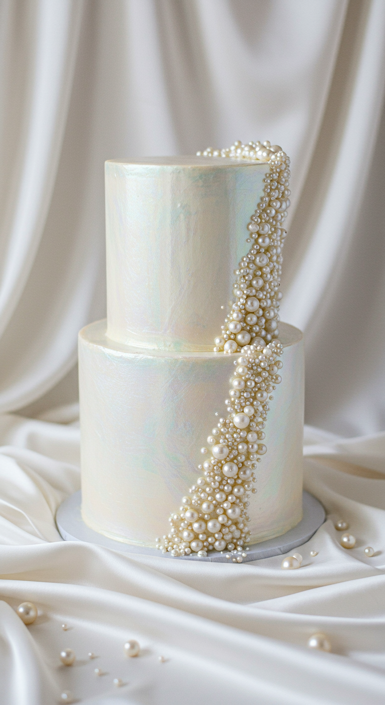 Zweistöckige weiße Torte mit irisierendem Schimmer und einem Wasserfall aus Zuckerperlen.