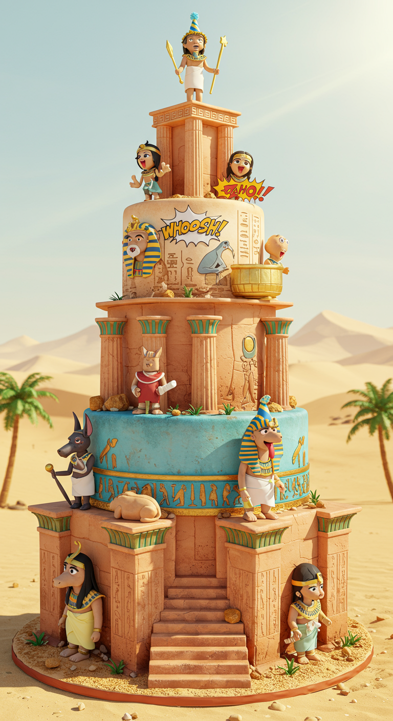 Große Torte in Form einer ägyptischen Tempelanlage mit Figuren.