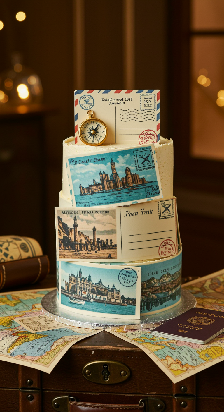 Dreistöckige Torte dekoriert mit essbaren Vintage-Postkarten und Kompass.
