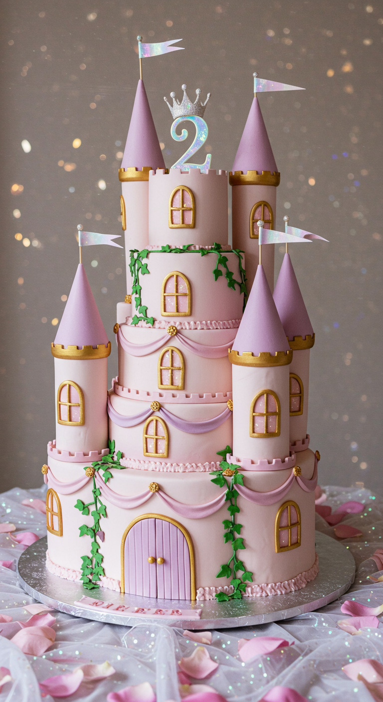 Große rosa Prinzessinnenschloss-Torte mit goldenen Details und Glitzer.