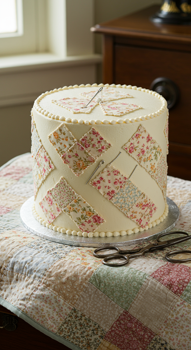 Runde weiße Torte, dekoriert mit bunten Fondant-Patchwork-Quadraten und Stecknadeln.