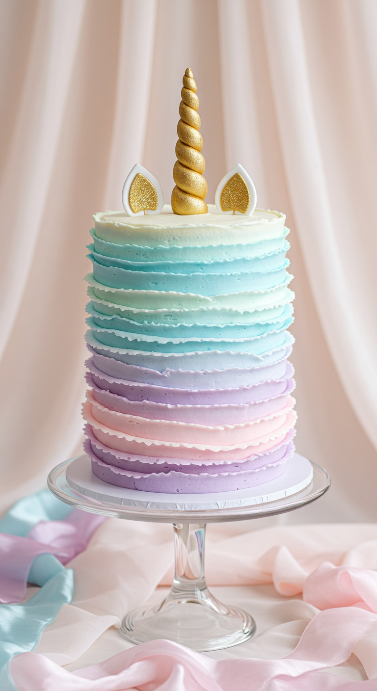 Einhorntorte mit horizontalen Buttercreme-Rüschen in Pastell-Ombré-Farben.