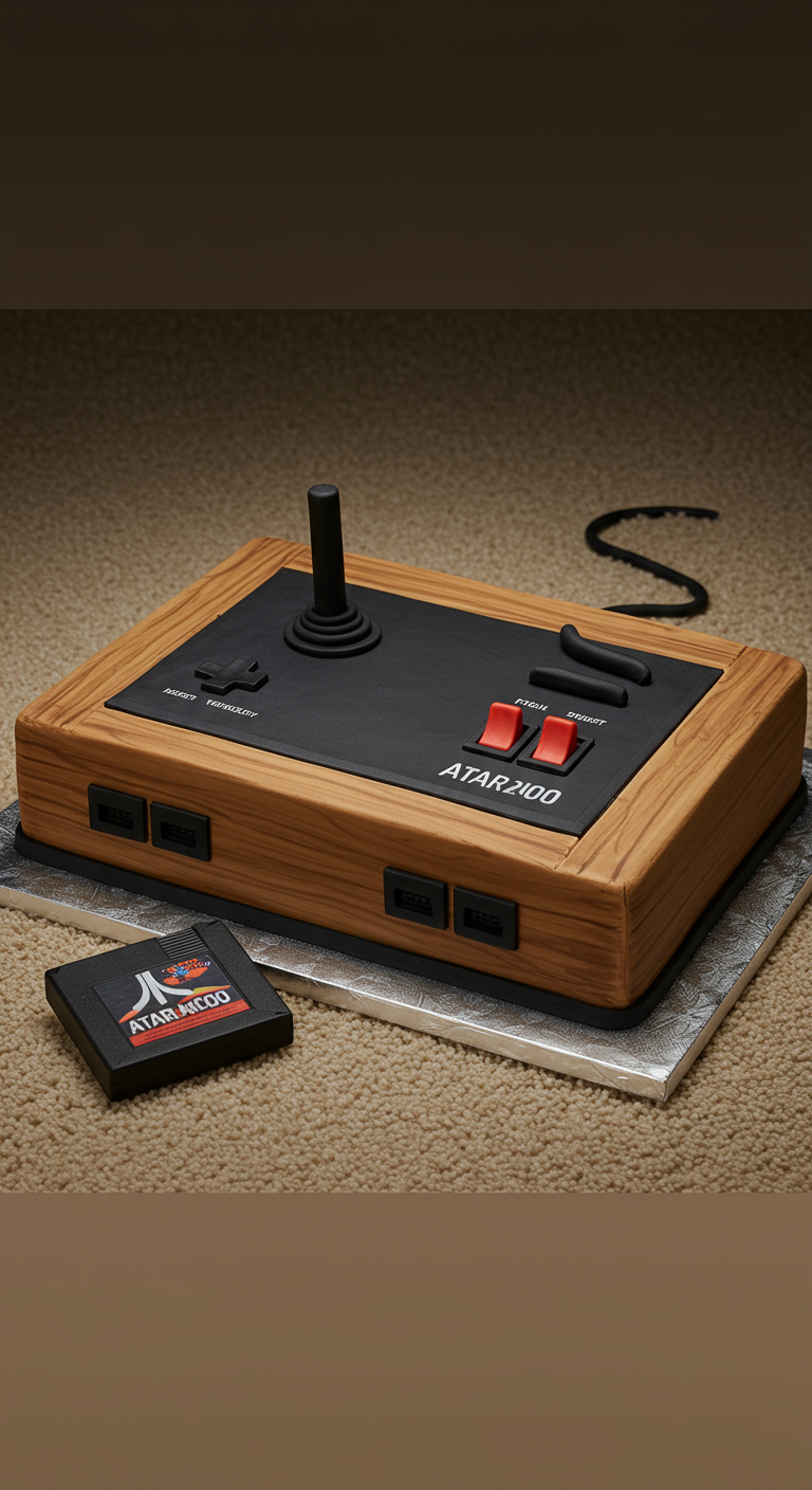 Atari Joystick Konsole als Torte mit Holzmaserung-Optik und schwarzem Joystick