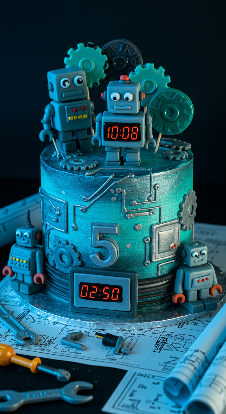 Kuchen in Roboter-Optik mit metallischer Buttercreme, Zahnrädern und Roboter-Figuren.
