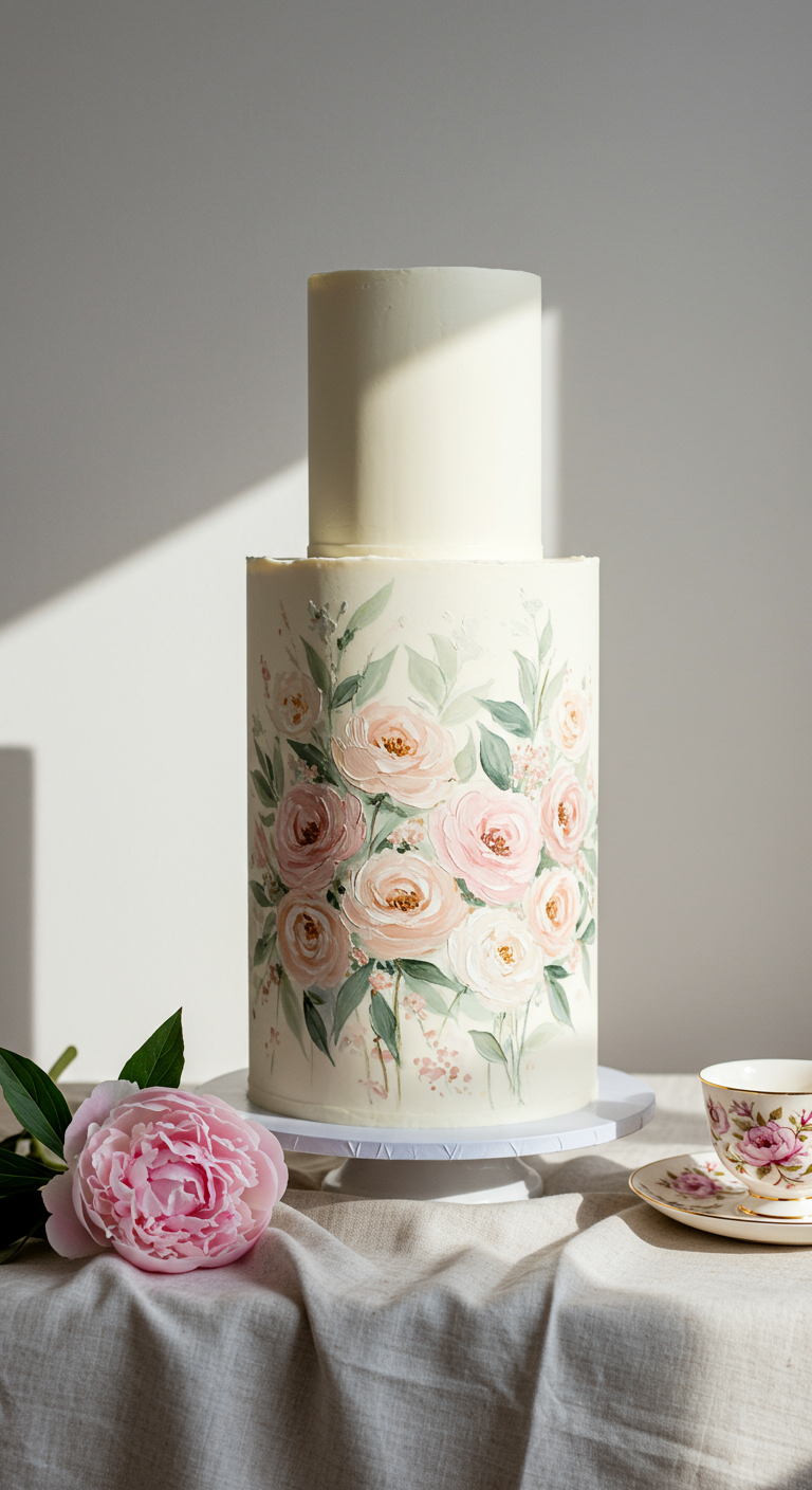 Hohe, zweistöckige weiße Torte mit handgemalten rosa Rosen.