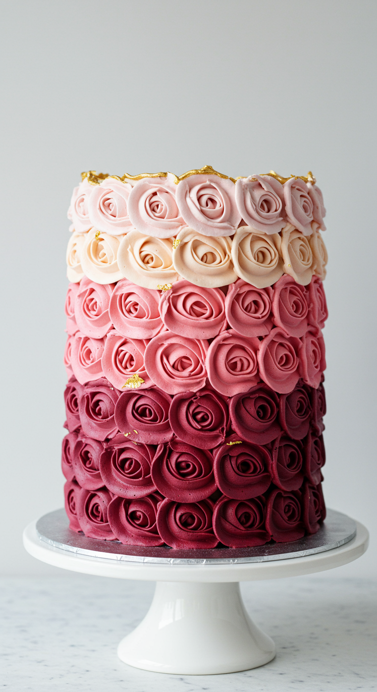 Hohe Torte komplett bedeckt mit Buttercreme-Rosen in Ombré-Farben von Dunkelrot bis Hellrosa, mit Goldflocken.