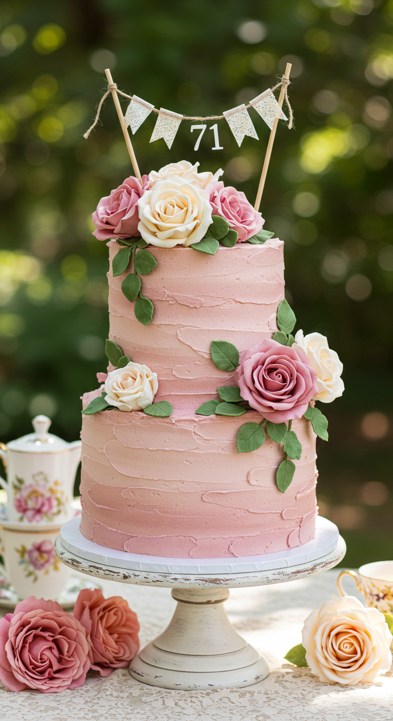 Zweistöckige rosa Torte mit rustikaler Buttercreme und Zuckerrosen in Rosa und Weiß.