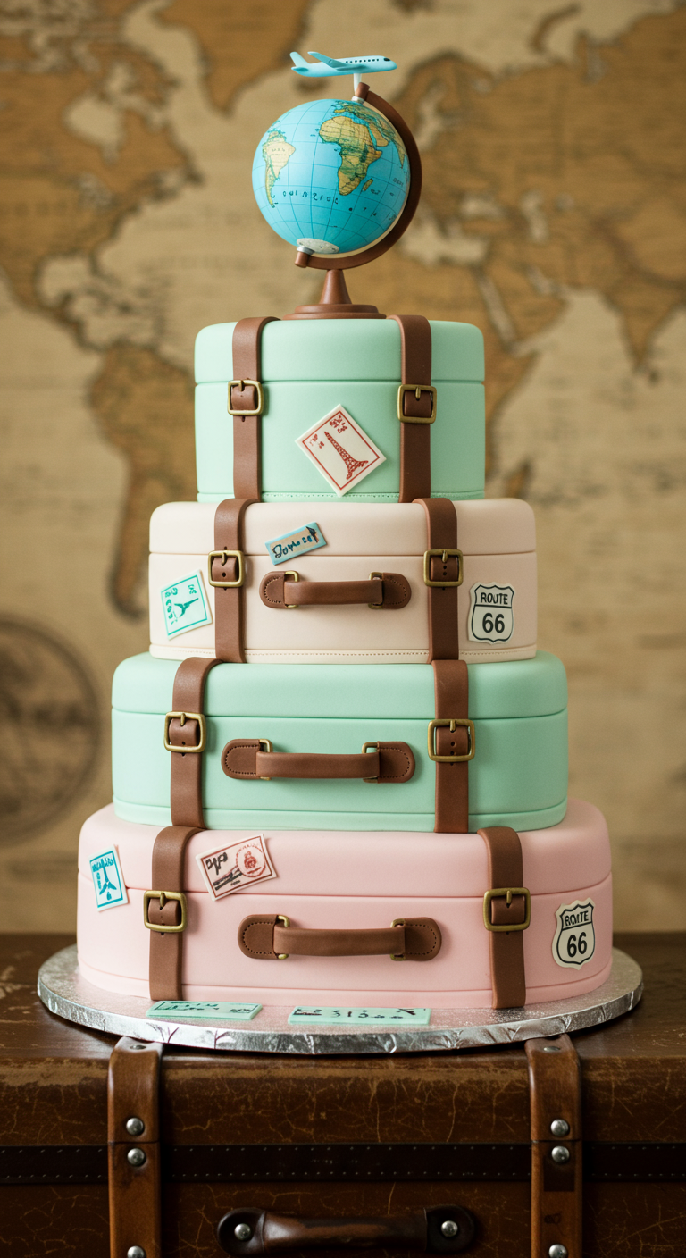 Mehrstöckige Torte in Form von gestapelten Vintage-Koffern mit Reisestickern.