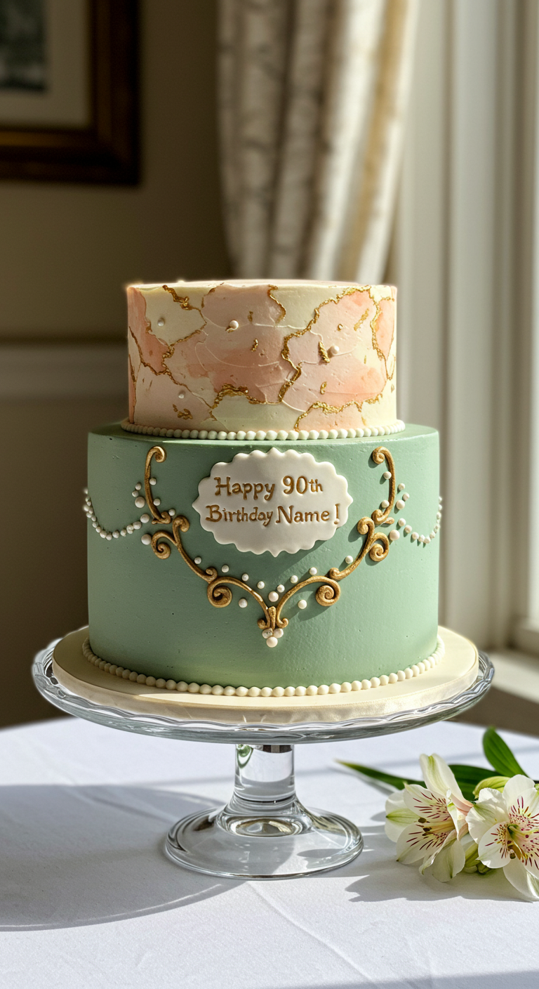Zweistöckige Torte: unten Salbeigrün mit Gold-Ornamenten, oben rosa-weiß marmoriert.