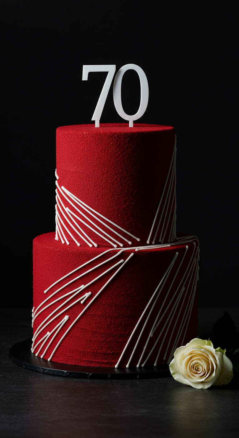 Zweistöckige tiefrote Torte mit Samt-Optik und abstrakten weißen Linien, daneben eine weiße Rose.