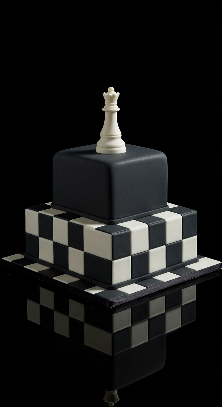 Dreistöckige Torte im Schachbrettmuster-Design, gekrönt von einer weißen Schachfigur (Dame).