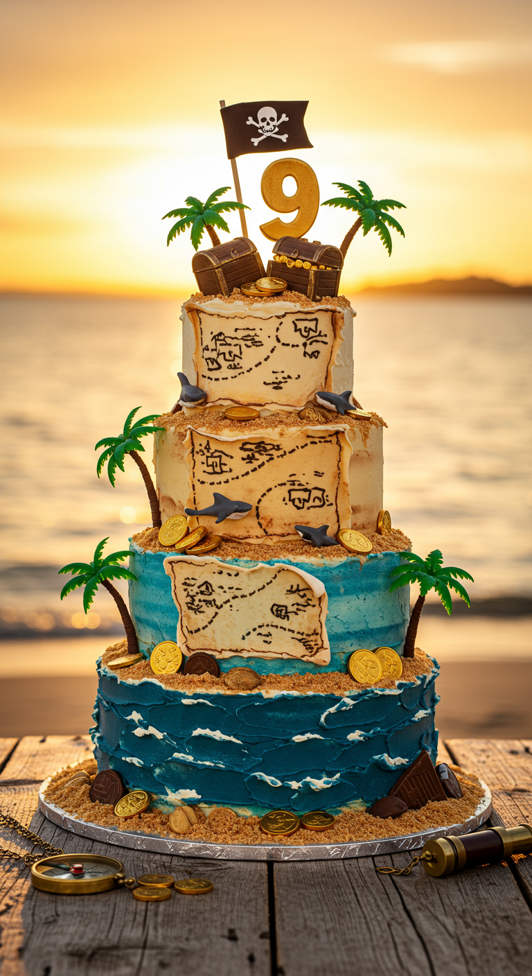 Mehrstöckige Piraten-Torte mit Schatzkarten, Goldmünzen, Palmen und Strand-Optik.