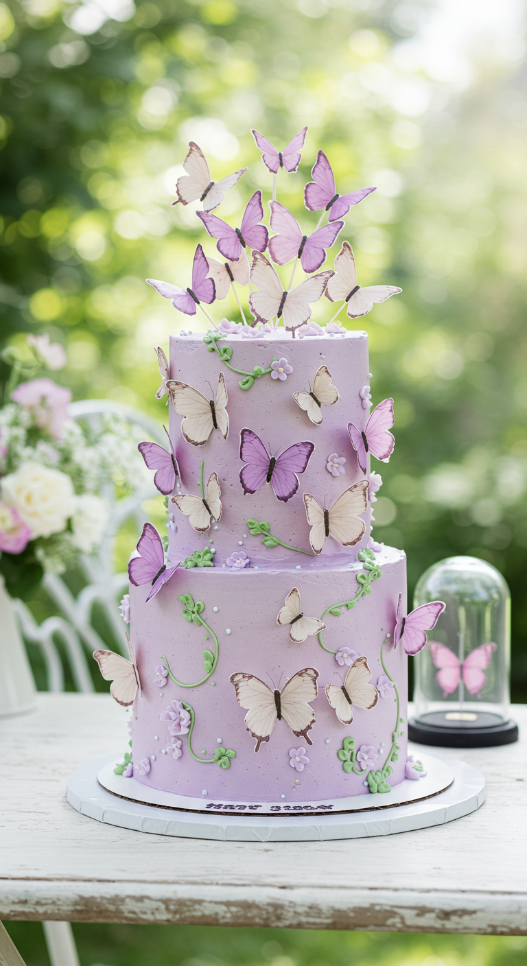 Zweistöckige lila Torte, verziert mit zahlreichen bunten Wafer-Paper-Schmetterlingen.