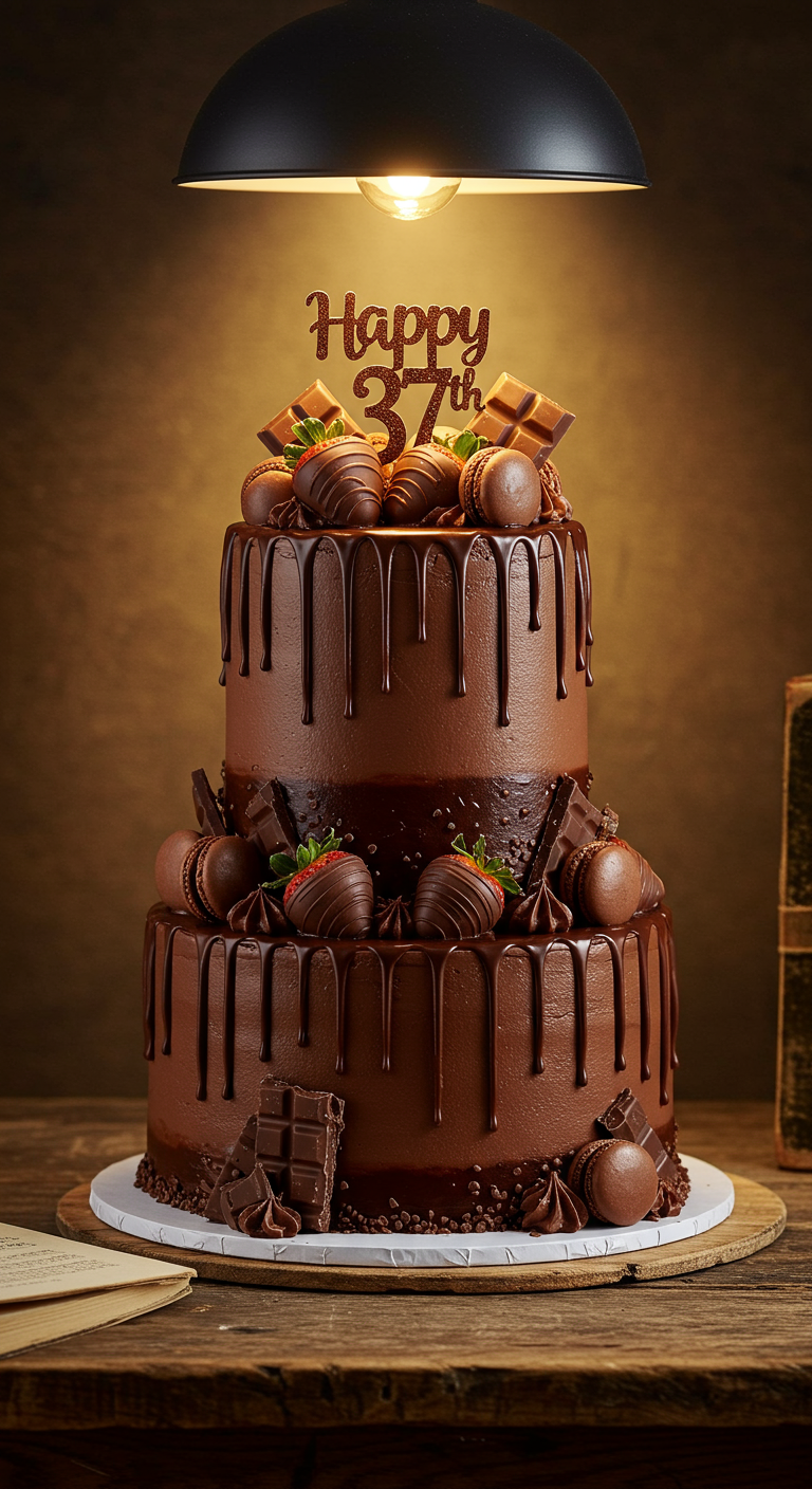 Zweistöckige Schokoladentorte mit Drip, Macarons, Erdbeeren und „Happy 37th“.