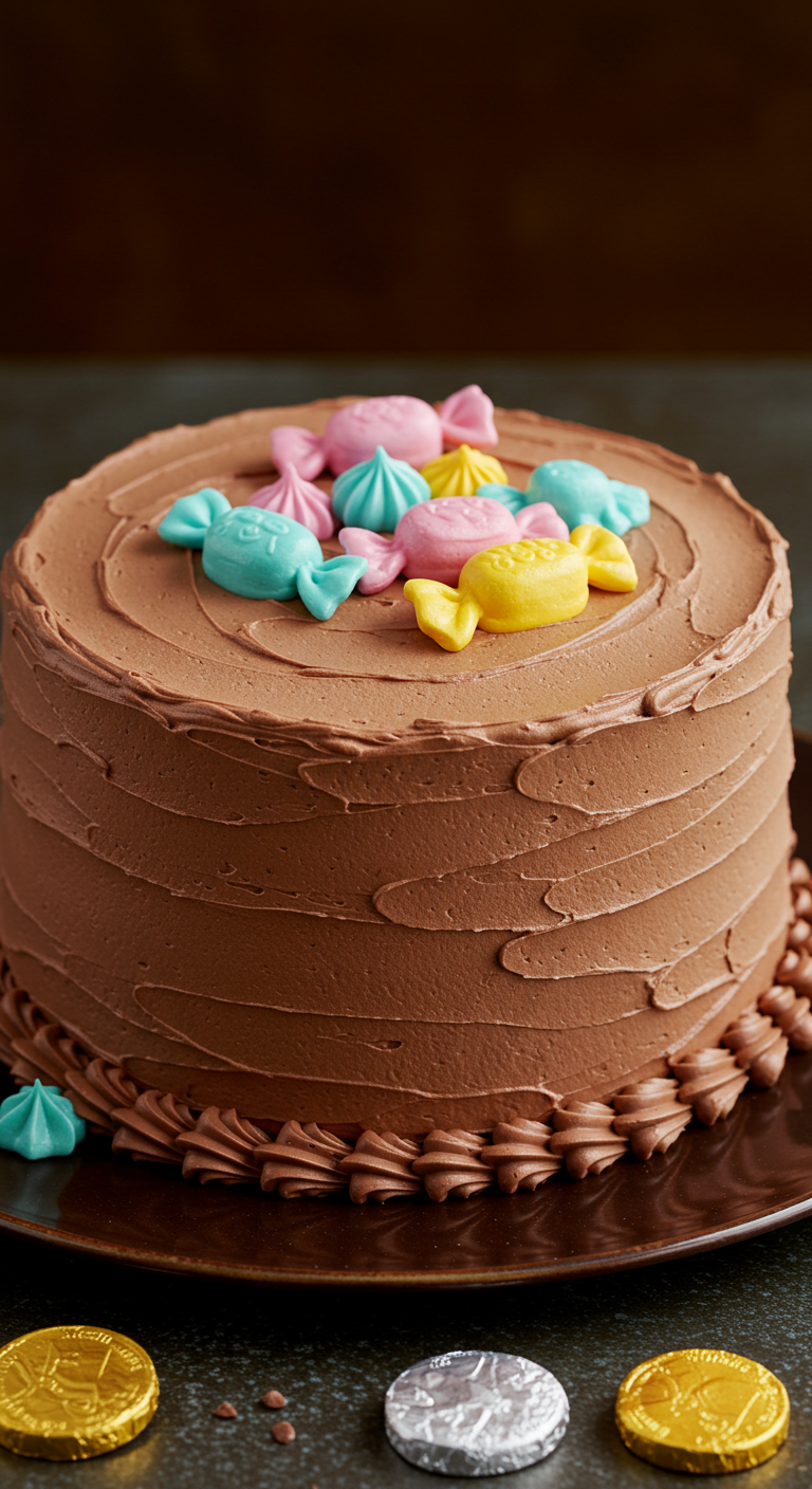 Schokoladen-Buttercreme-Torte mit Fondant-Bonbons als Topping.