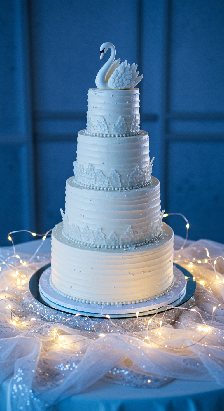 Hohe, weiße Hochzeitstorte mit feinen Buttercreme-Linien, Perlen und Schwan-Topper.