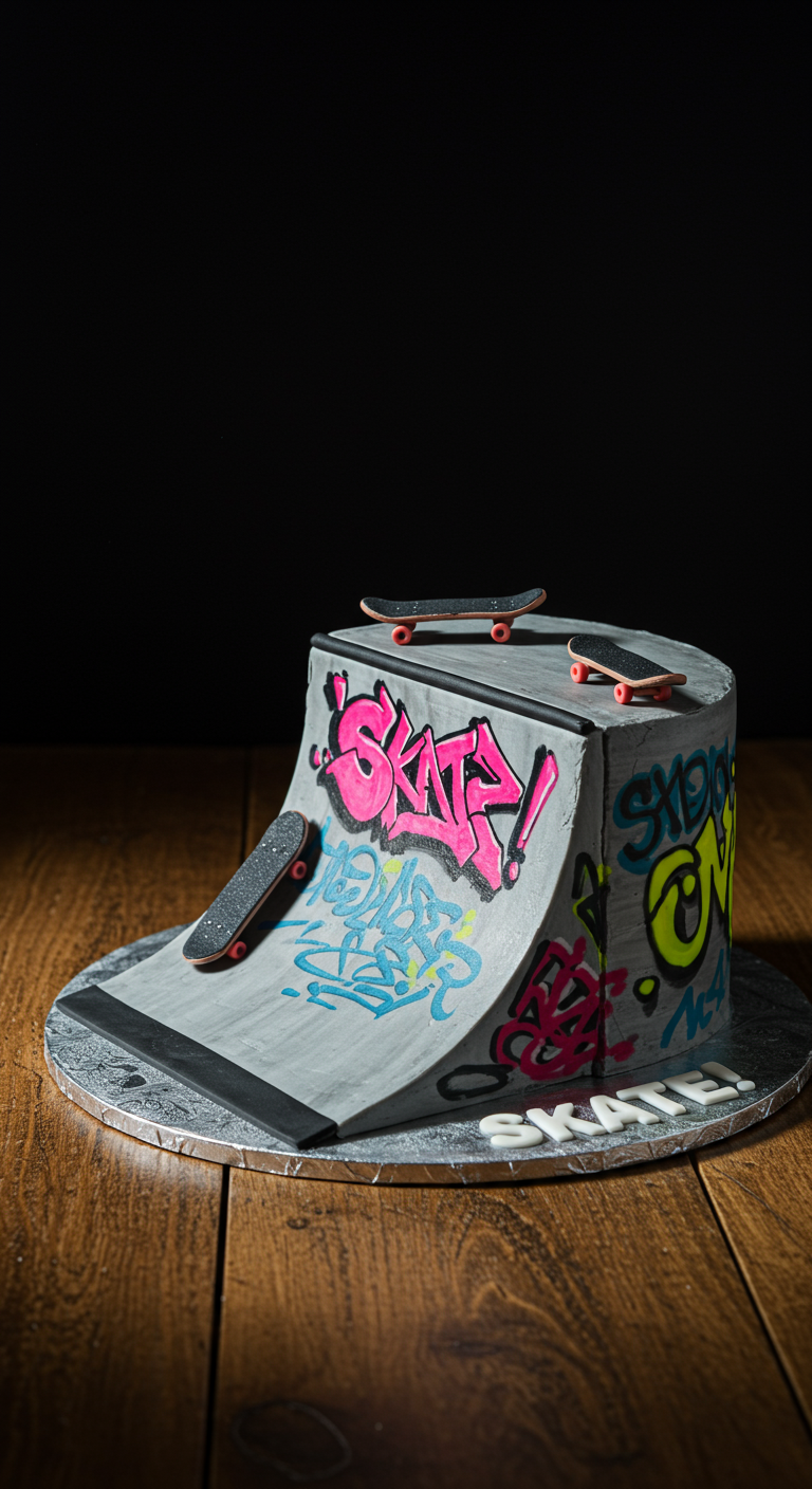 Torte in Form einer Skate-Halfpipe mit Graffiti und Mini-Skateboards.