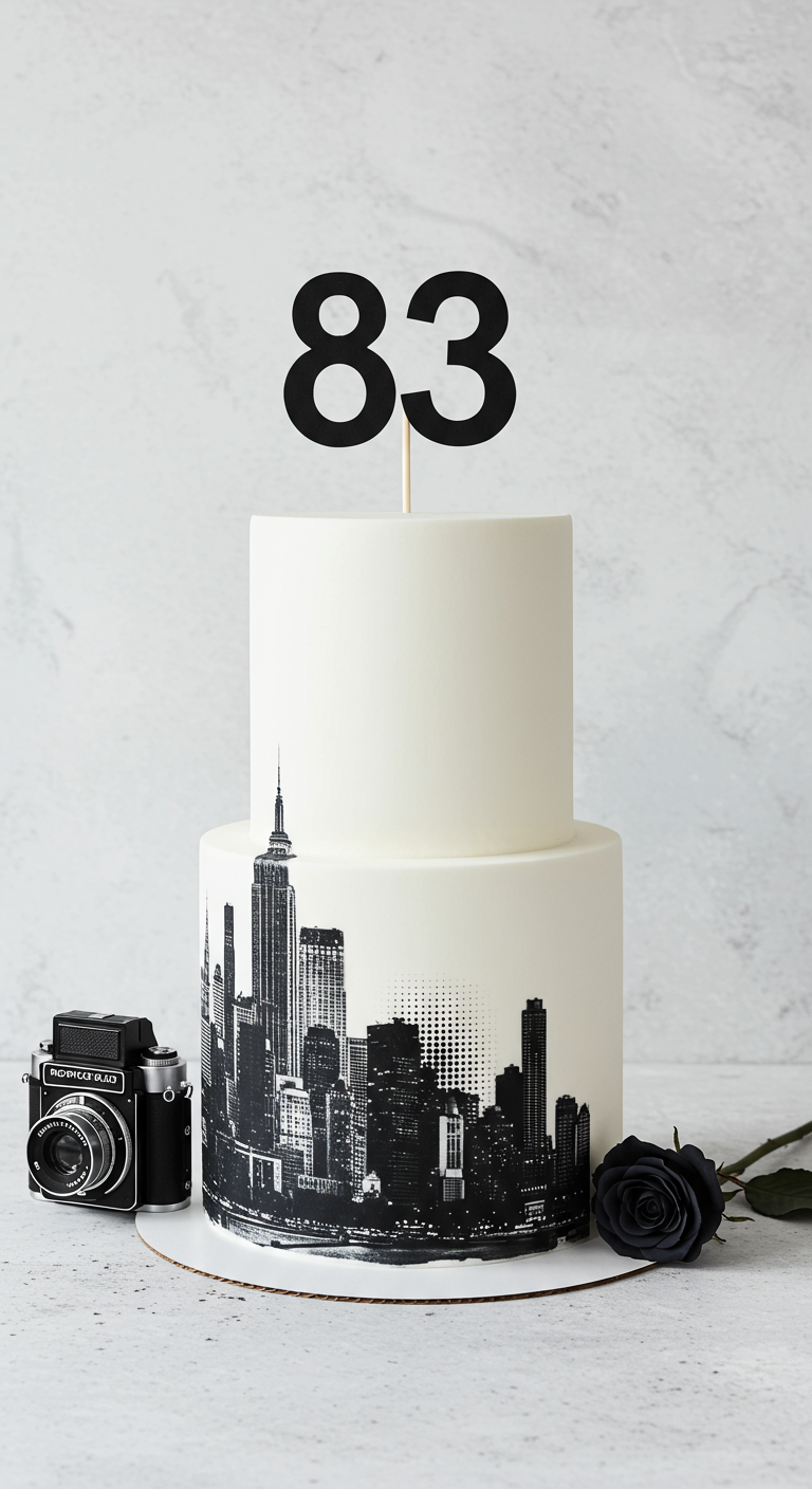 Weiße zweistöckige Torte mit schwarzer New-York-Skyline-Silhouette und Zahl 83 Topper.