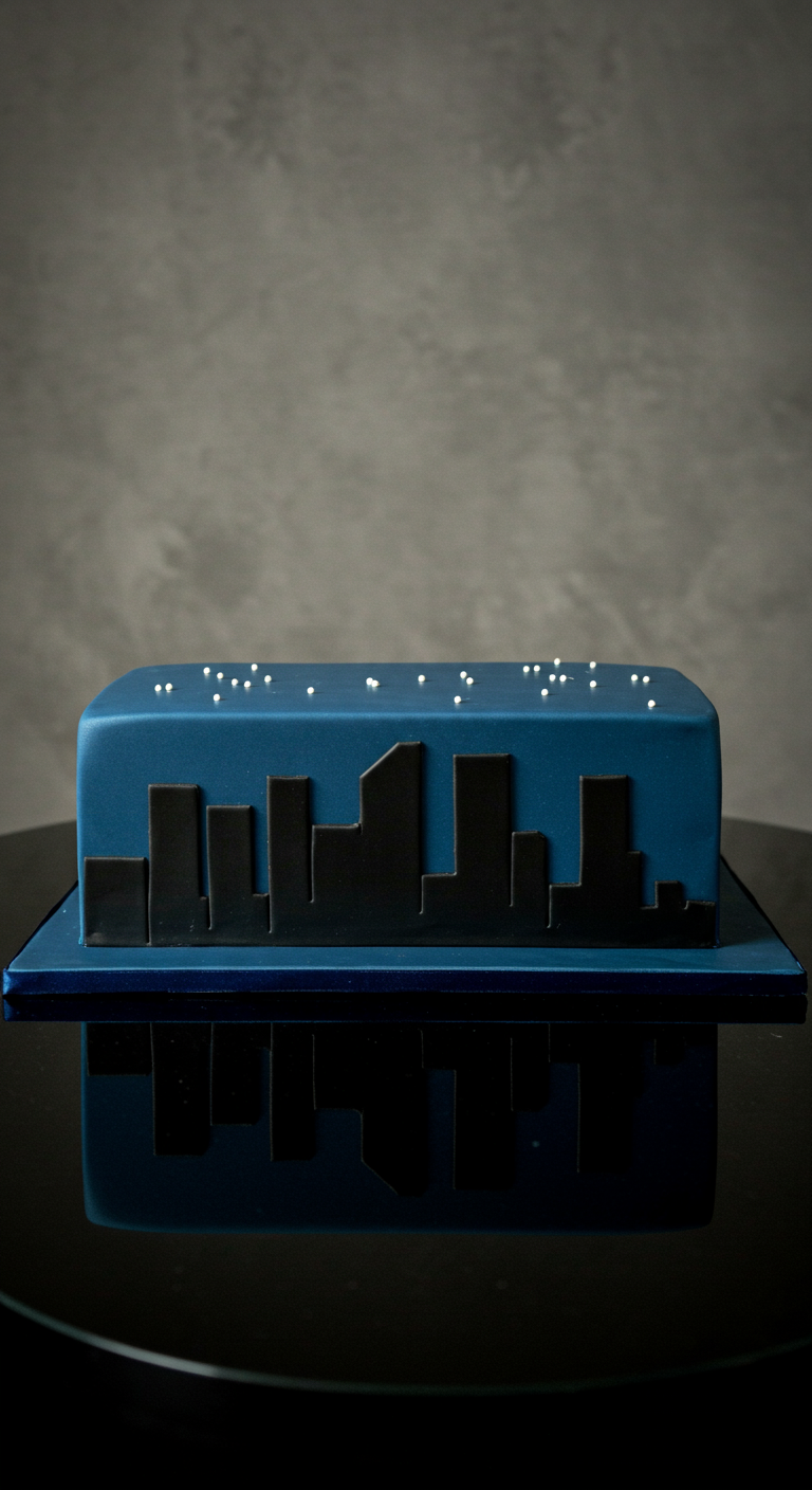 Dunkelblaue rechteckige Torte mit schwarzer Stadtsilhouette und weißen Punkten.