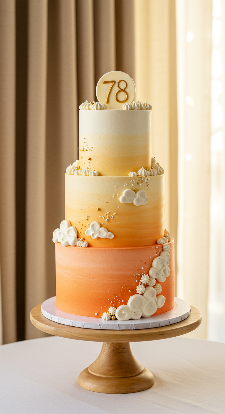 Dreistöckige Torte mit orange-weißem Ombré-Farbverlauf und weißen Zuckerwölkchen.