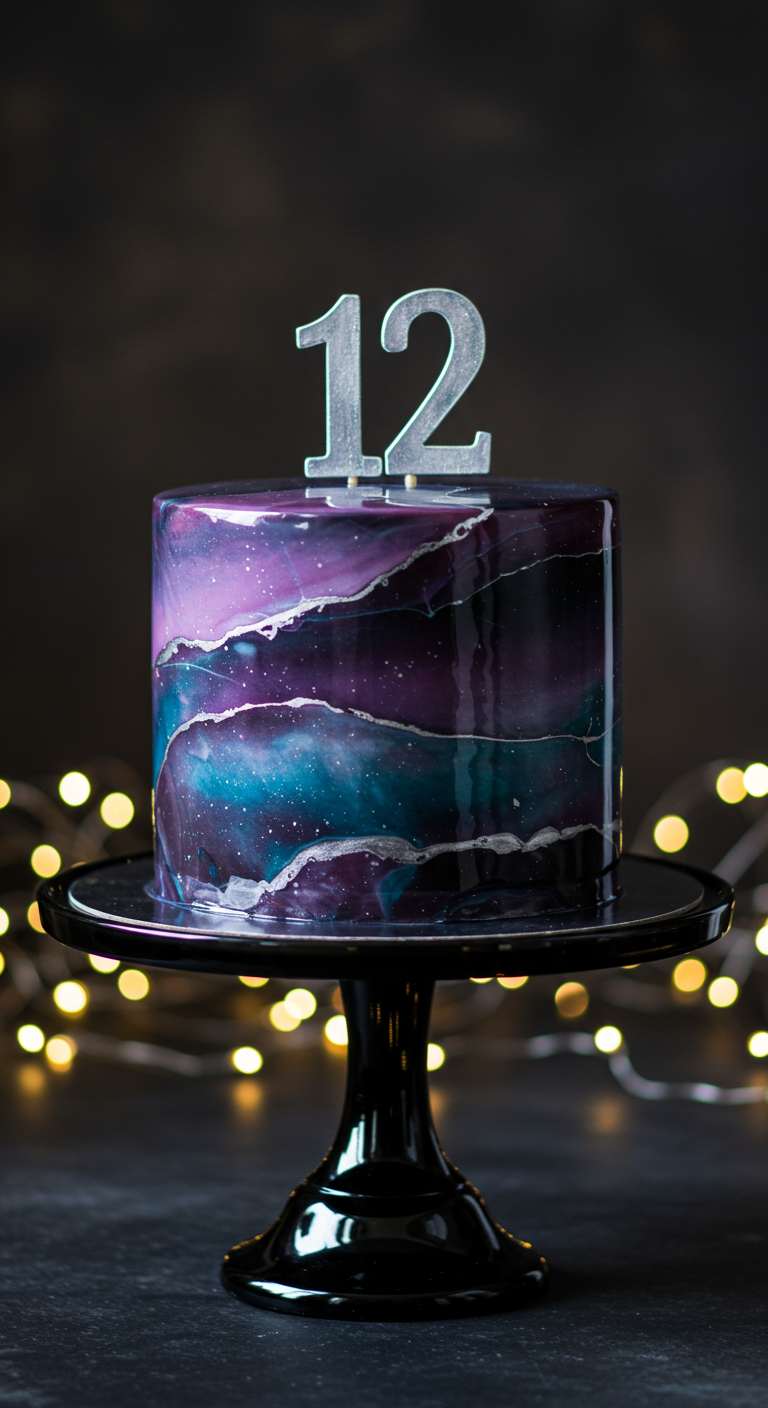 Runde Torte mit einer glänzenden Mirror Glaze in Galaxie-Farben (Lila, Blau, Silber).