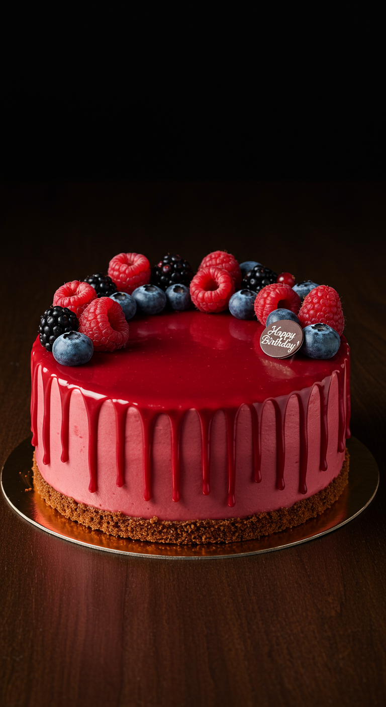 Rote Mirror-Glaze-Torte mit Beerentopping und Happy Birthday Schild.