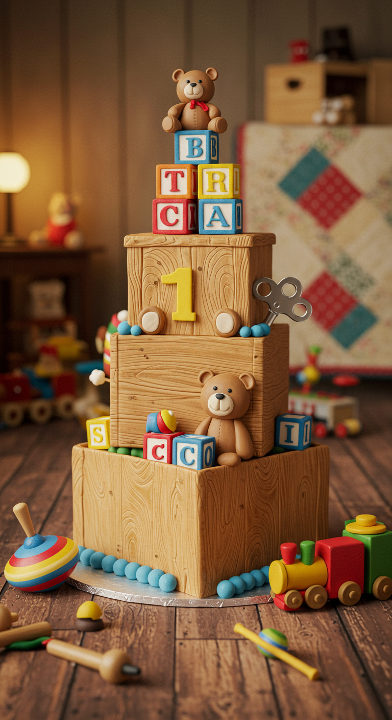 Torte als gestapelte Holzkisten mit bunten Spielzeugwürfeln und Teddybären.