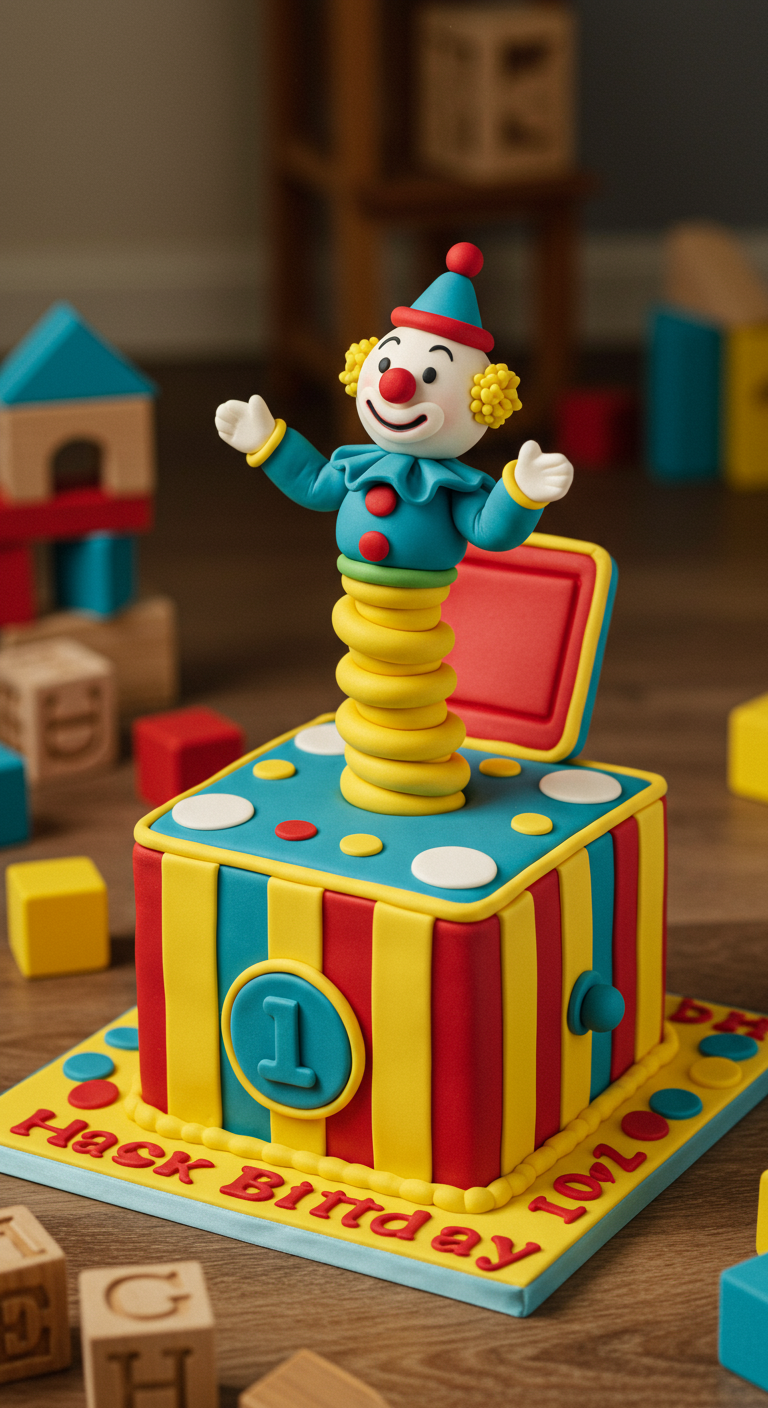 Bunte Springteufel-Torte mit gestreifter Kiste und lachendem Clown.
