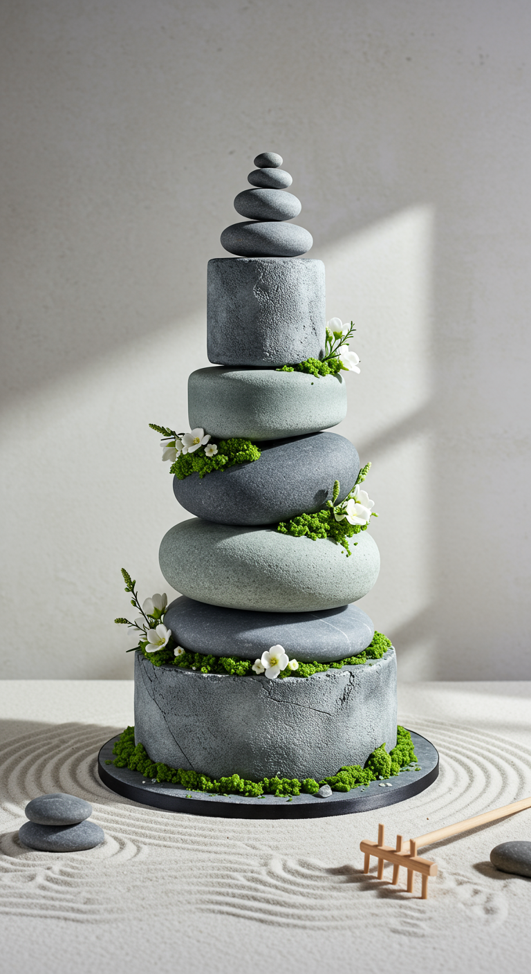 Torte als gestapelte graue Zen-Steine mit Moos, weißen Blüten, auf Sand.
